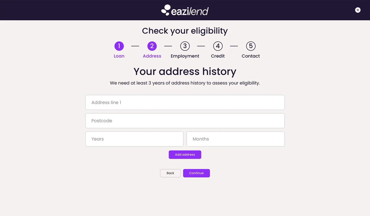 Eazilend eligibility checker with a five-step flow covering loan, address, employment, credit and contact details