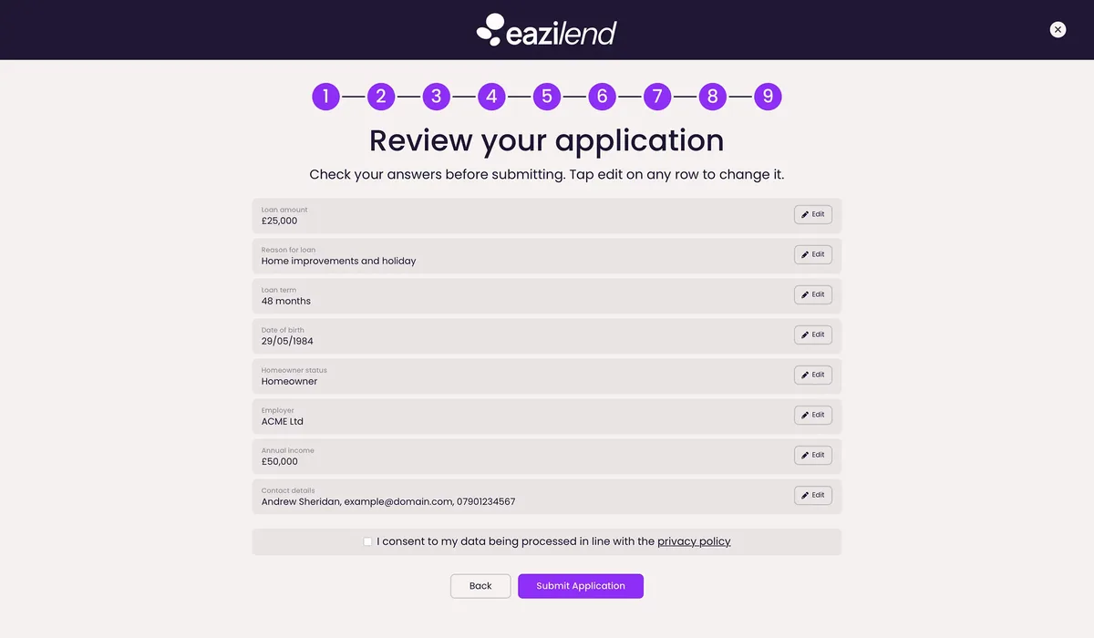 Eazilend application review screen where a borrower checks their answers before submitting